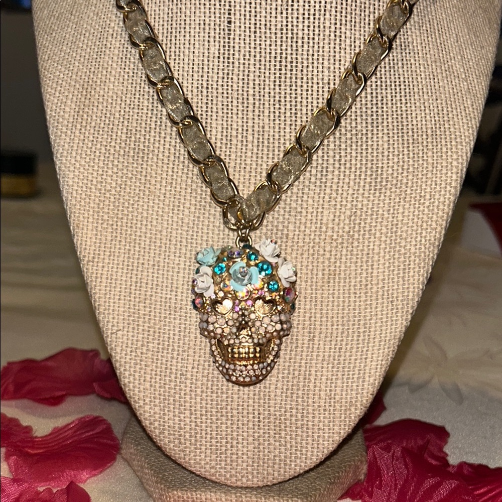 Betsey Johnson Gold Skull Necklace with Multicolor Gems
